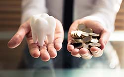 Person holding model tooth and coins